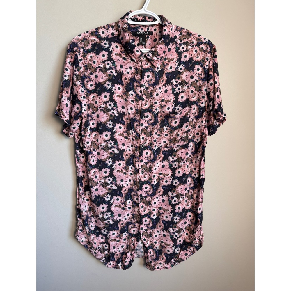 21 Men Floral Button Down Shirt Short Sleeve Pink Black Daisy M Preppy Retro Y2K